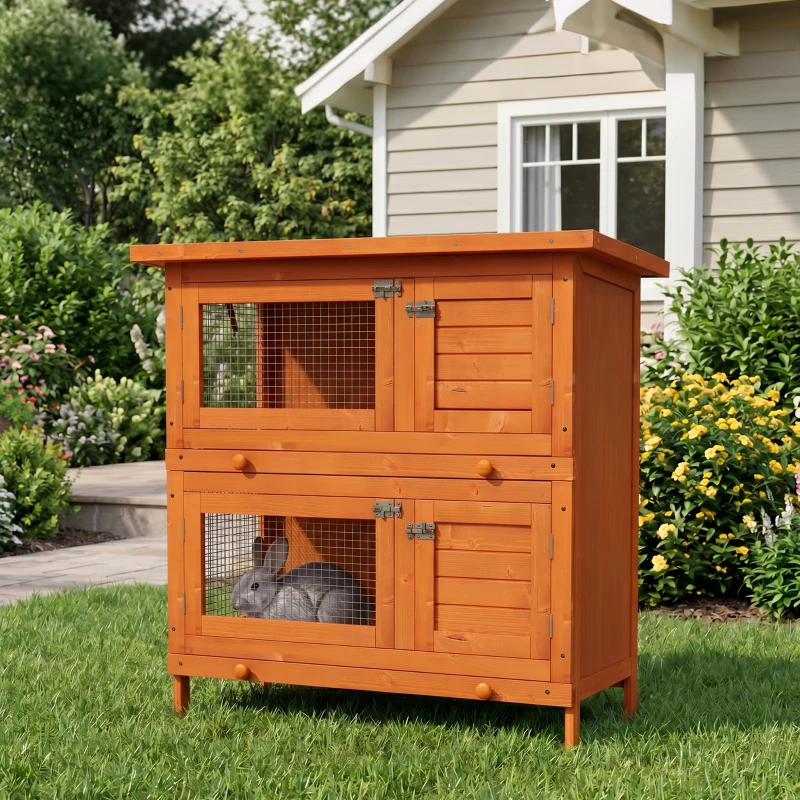 PawHut 2-Tier Wooden Rabbit Hutch Small Animal House Bunny Pet Cage with 2 Main Rooms, Sliding Tray, Opening Top, Yellow