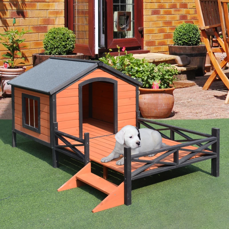 PawHut Wooden Dog House with Porch, Outside Dog House with Water-resistant Asphalt Roof, Ladders, Fencing, Window, for Small and Medium Dogs, Natural