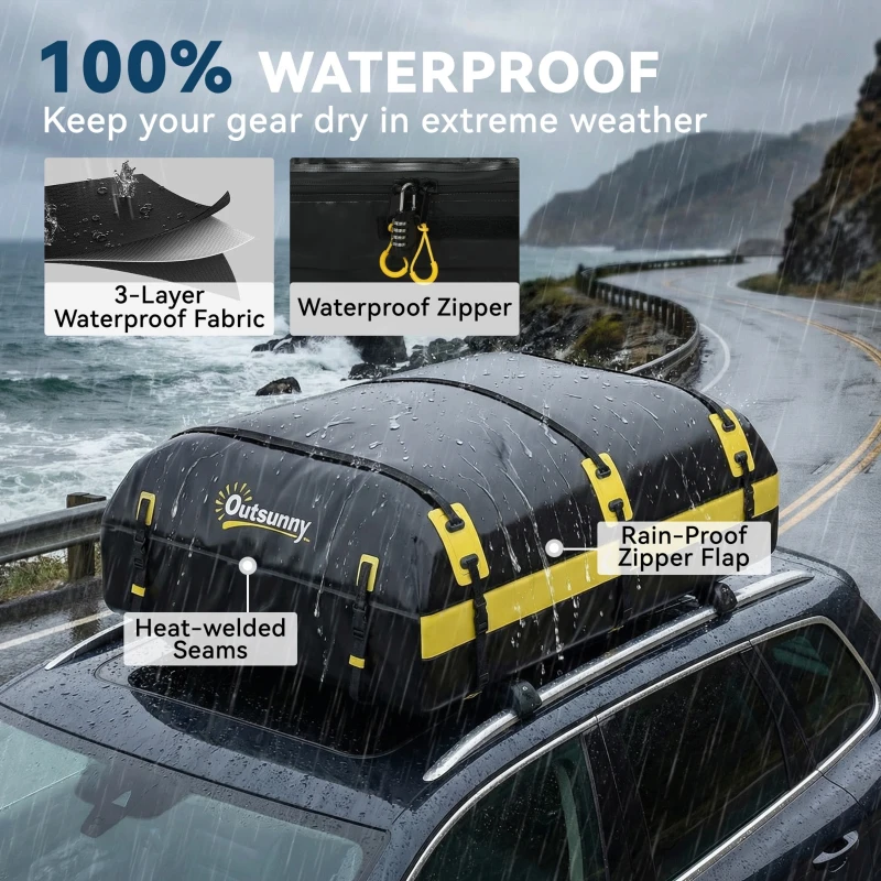 Outsunny Rooftop Cargo Carrier, 21 Cubic Feet Waterproof Soft-Shell Car Roof Storage Bag w/ Door Hooks, Reflective Arrows, Yellow