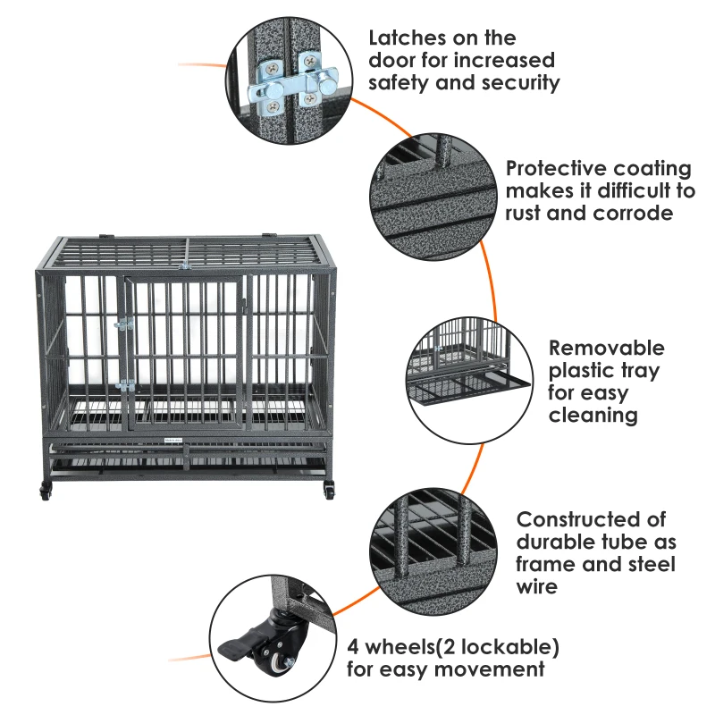 PawHut 36" Heavy Duty Dog Crate Metal Cage Kennel with Lockable Wheels, Double Door and Removable Tray, Gray