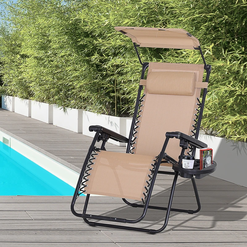 Outsunny Outdoor Zero Gravity Reclining Lounger Chair with Canopy Shade, Side Tray, Cupholder, Beige