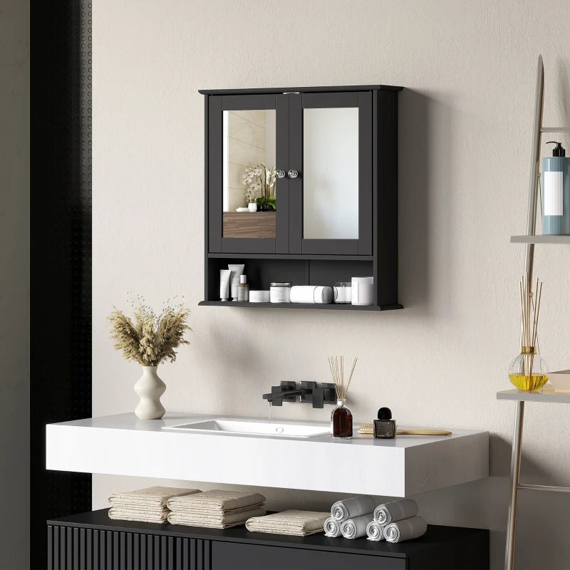 kleankin Medicine Cabinet, Wall-Mounted Medicine Cabinet with Mirror with Double Doors, Open Shelf, and Adjustable Shelf, Modern Bathroom Wall Cabinet, Black