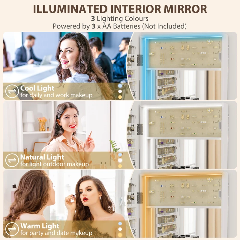 HOMCOM Jewelry Armoire Cabinet with Lights, Wall Mounted or Door Hanging Mirror Jewelry Cabinet with Full Length Mirror, White