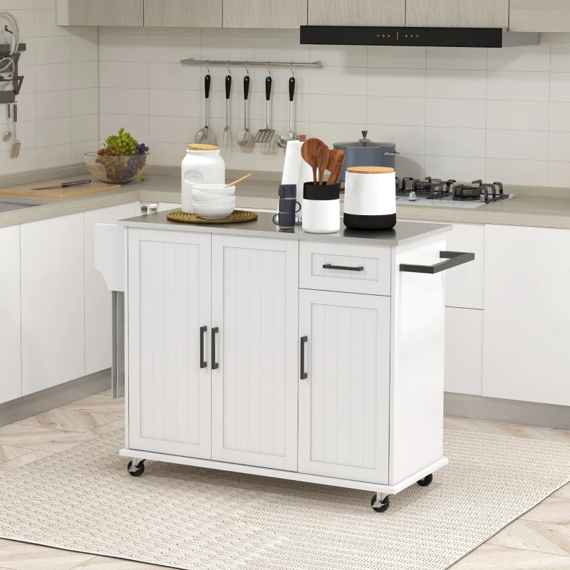 HOMCOM Kitchen Island with Storage, Rolling Kitchen Cart on Wheels, Kitchen Island with Storage, Drawer, 3 Cabinets, Stainless Steel Countertop, Spice Rack and Towel Rack, White