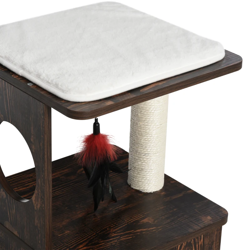 PawHut 2-Level Cat Tree Wooden Activity Tower for Pets with Super Soft Cushions, Fun Cat Feather Rope, and Scratch Posts