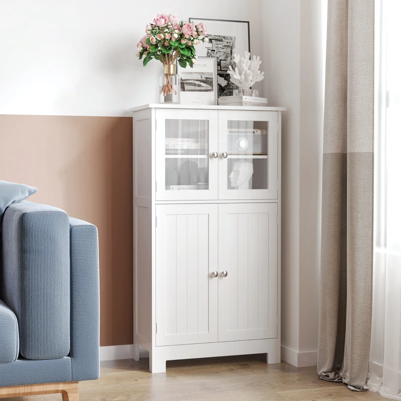 kleankin Bathroom Floor Storage Cabinet with Tempered Glass Doors and Adjustable Shelf, Kitchen Cupboard, Free Standing Organizer for Living Room Entryway, White