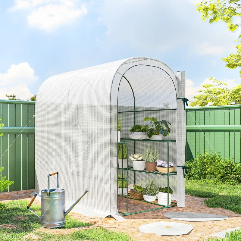 Outsunny Walk-in Mini Greenhouse with Shelves, Portable Outdoor Greenhouse with Roll-up Door, 48.4" x 73.6" x 74.4", White