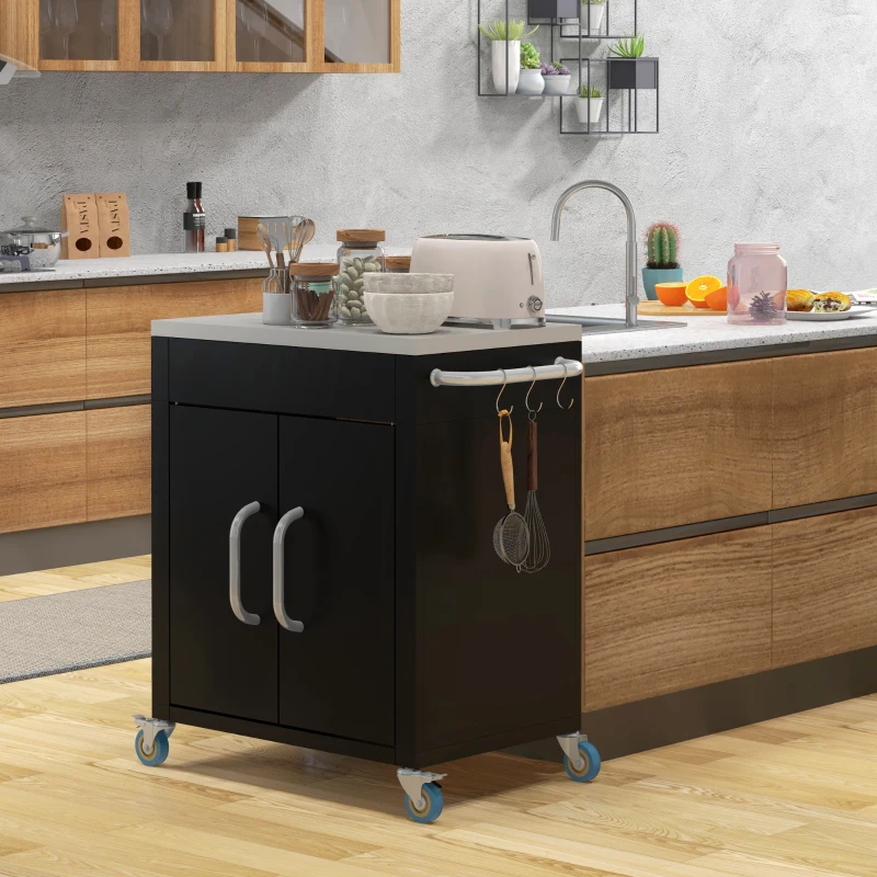 Outsunny Outdoor Grill Cart with Stainless Steel Top, Pizza Oven Table with Wheels Hooks Cabinet Handles,  Black