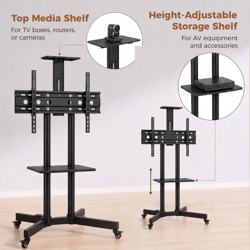 HOMCOM Rolling TV Stand for 32-75 Inch Screens, Mobile TV Stand with Tilt, Height Adjustable, Locking Wheels, Black
