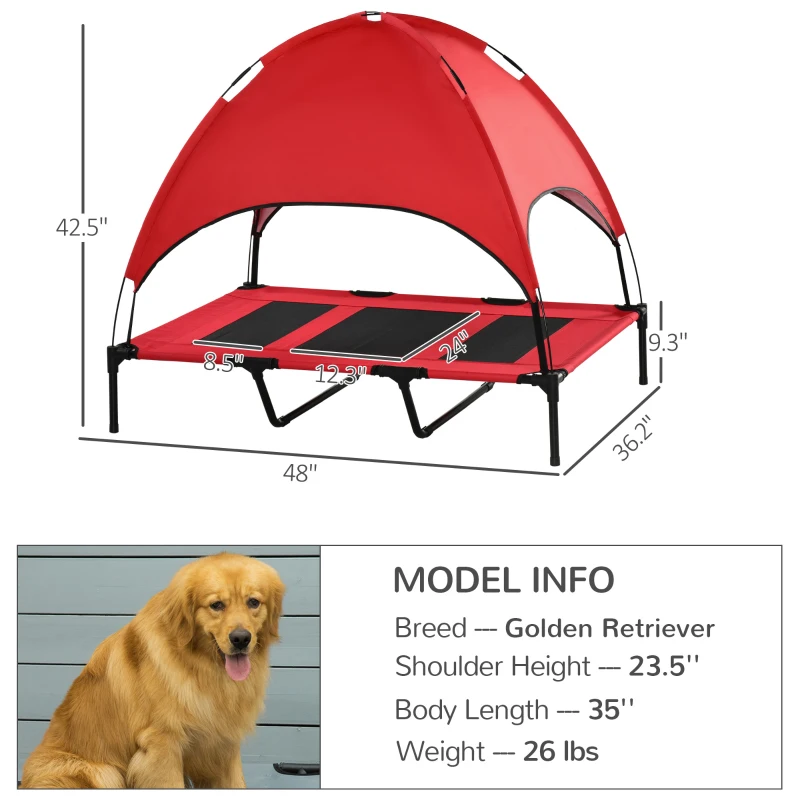 PawHut 48" x 36" Elevated Portable Dog Cot Cooling Pet Bed with UV Protection Canopy Shade, Red