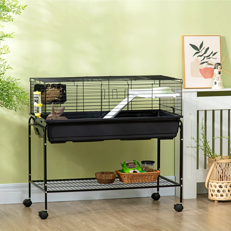 PawHut Small Animal Cage with Rolling Stand, Portable Bunny Cage with Storage Shelf, Guinea Pig Cage, Chinchilla Ferret Cage with Food Dish, Hay Feeder, Water Bottle, 39" x 22" x 36.5"