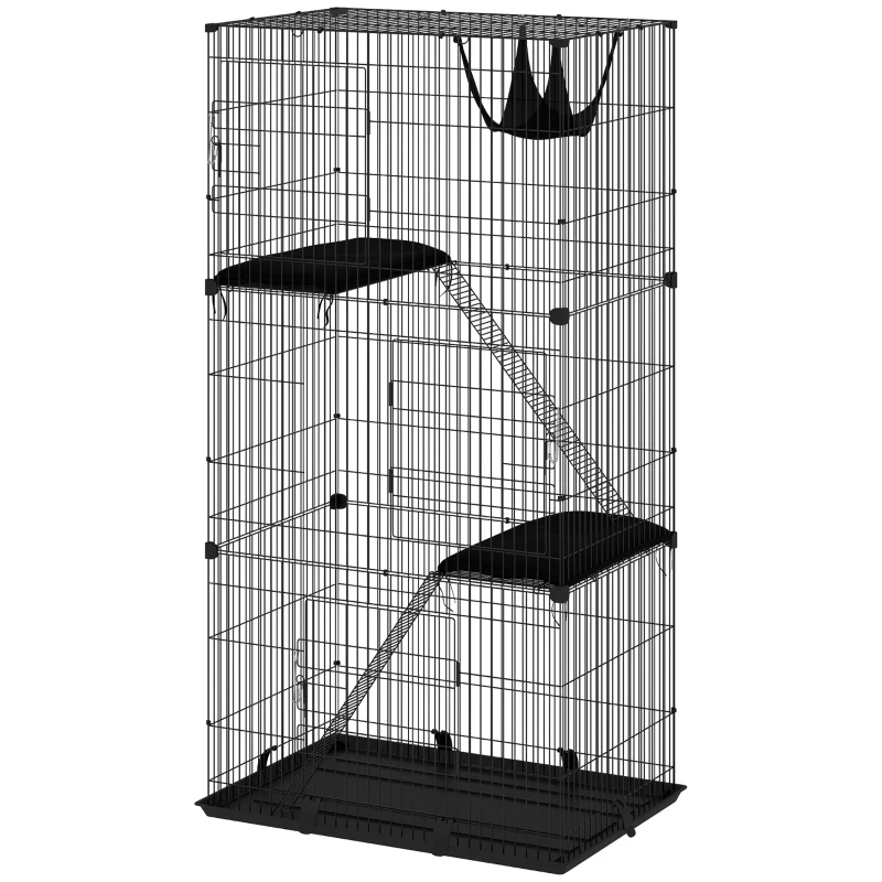 PawHut 3-Tier Cat Cage Indoor, Detachable Metal Wire Kennel withwith Hammock, Platform, Tray and Cushion for 1-2 Kittens