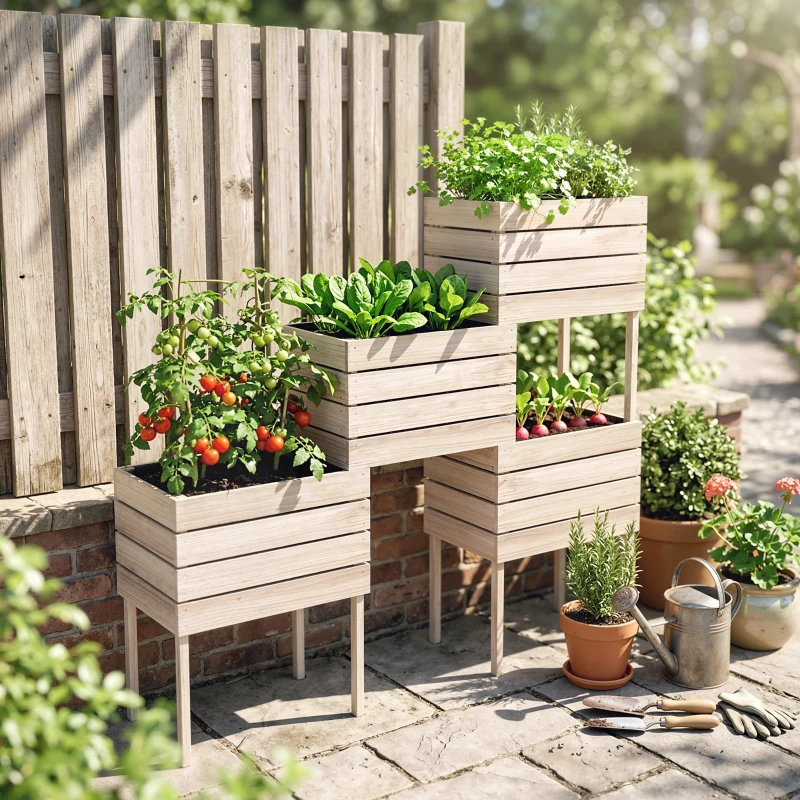 Outsunny 4PCS Wooden Raised Beds for Garden, DIY Shape Elevated Planter Box Kit with Bed Liner for Flowers Vegetables, Outdoor Indoor Planting Box Container