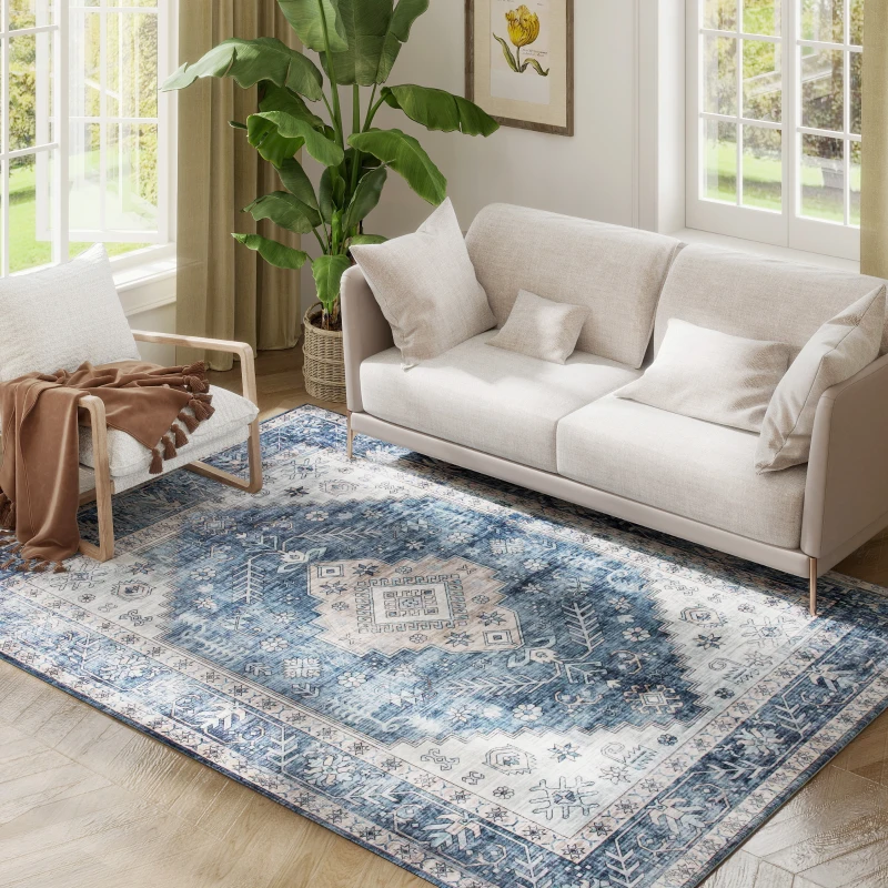 HOMCOM 5x7 Area Rug, Vintage Machine Washable Rug, Non-Slip Floor Carpet for Living Room, Bedroom, Dining Room, Blue