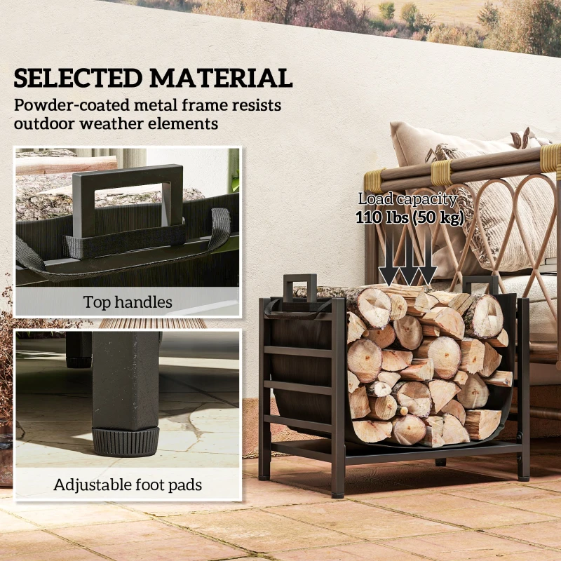 Outsunny Outdoor Firewood Rack with Log Carrier, Heavy Duty Steel Wood Log Storage Stacker for Fireplace, Black