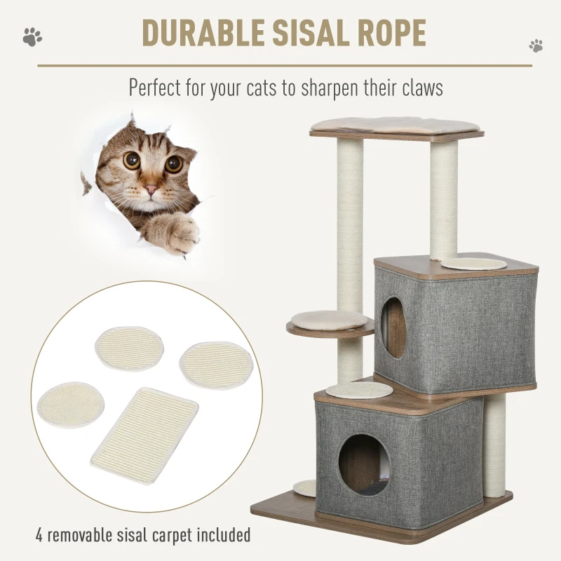 PawHut 44" H Feline Cat Tower Tree House with Sisal Scratching Posts, Soft Relaxing Cushions, & Many Perches/Condos