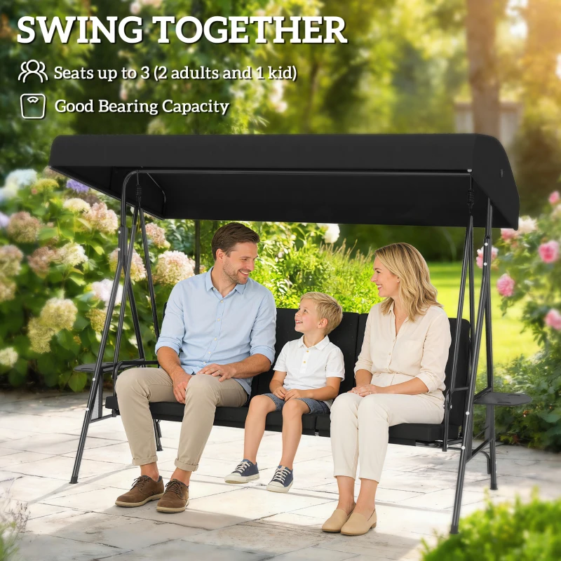 Outsunny 3-Seat Outdoor Porch Swing Patio Swing with Adjustable Canopy, Side Tray, Removable Cushion for Garden, Poolside, Black