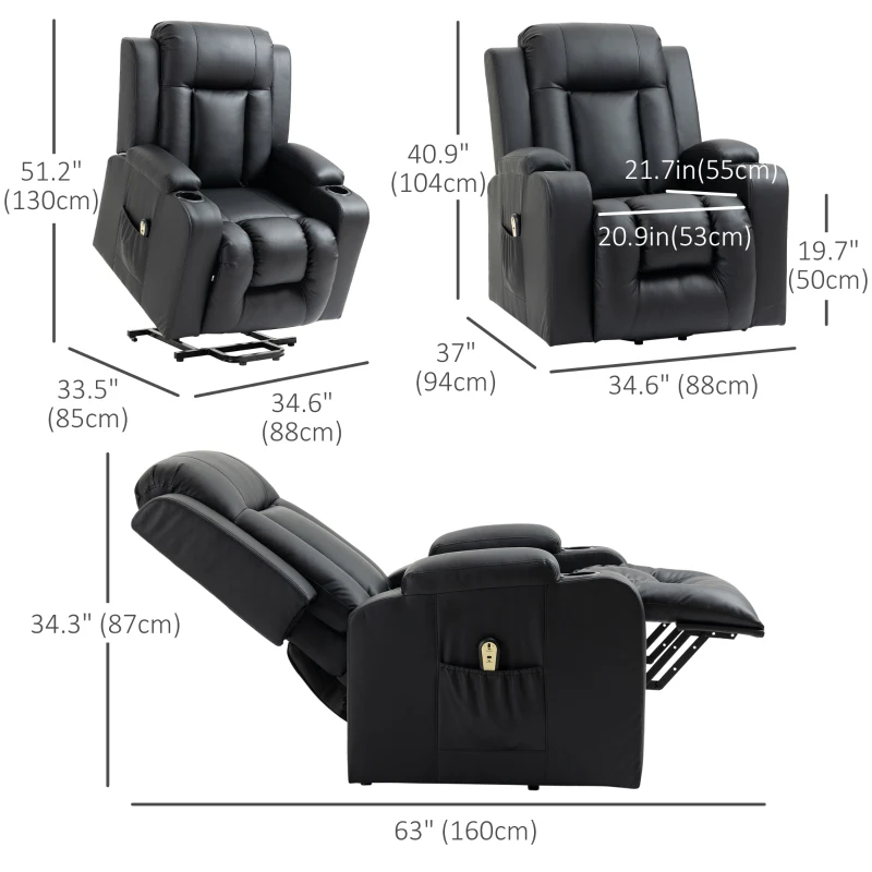 HOMCOM Power Lift Recliner Chair for Elderly, PU Leather Electric Recliner Chair with Footrest, Remote Control, Side Pockets and Cup Holders for Living Room, Black
