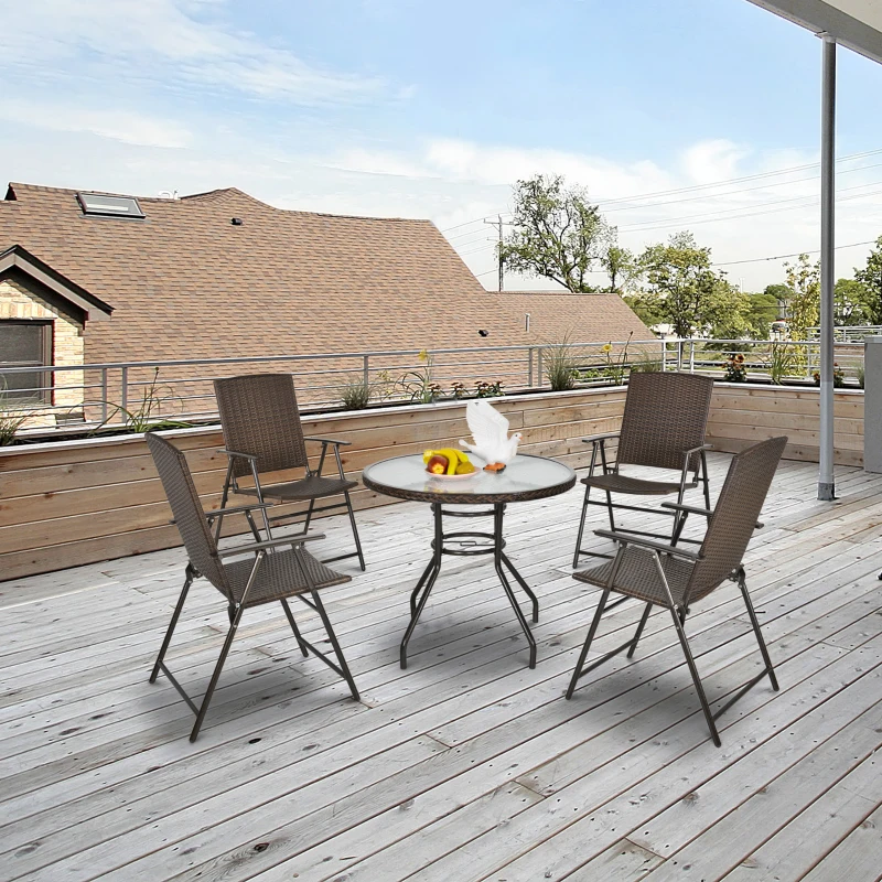 Outsunny Rattan Wicker Patio  Bar Chair Set UV Resistant Garden Furniture Set Outdoor & Indoor w/ Glass & Umbrella Hole Table, Brown