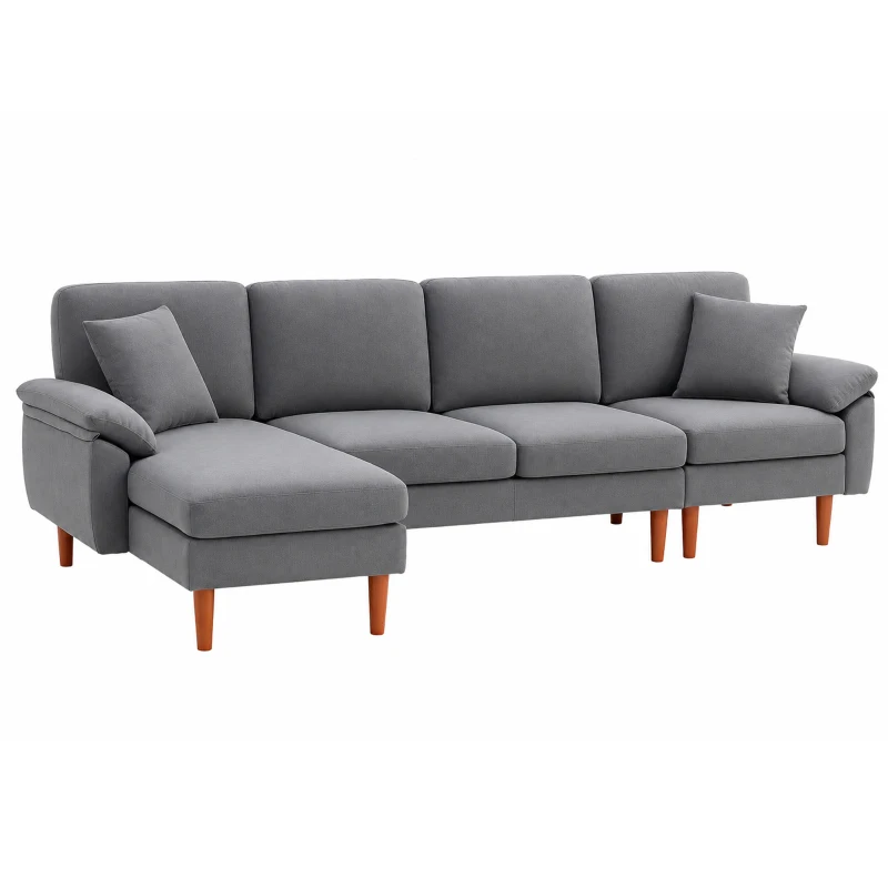 HOMCOM L-Shape Sofa, Modern Sectional Couch with Changeable Chaise Lounge, Pillows and Wooden Legs for Living Room, Dark Grey