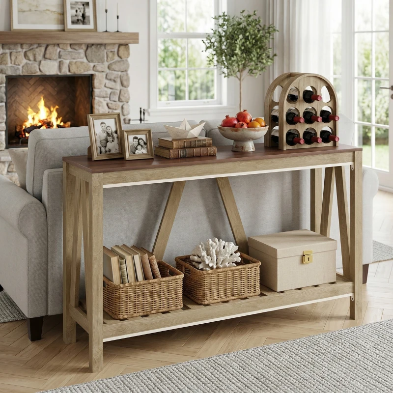 HOMCOM 52" Console Table, Farmhouse Narrow Entryway Table with Storage Shelf, Rustic Sofa Table with Anti-tipper for Living Room and Hallway, Oak