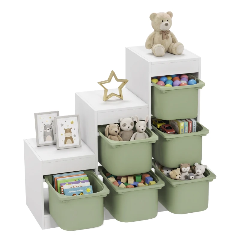 Qaba 3 Layers Toy Storage Organizer Kids Bookshelf Children Toy Storage w/ 6 Plastic Bins, Green
