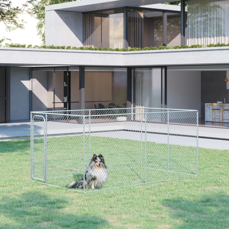 PawHut Dog Kennel Outdoor Galvanized Chain Link Fence Heavy Duty Pet Run House Chicken Coop with Secure Lock Mesh Sidewalls for Backyard Garden Silver, 13' L x 7.5' W x 5.9' H