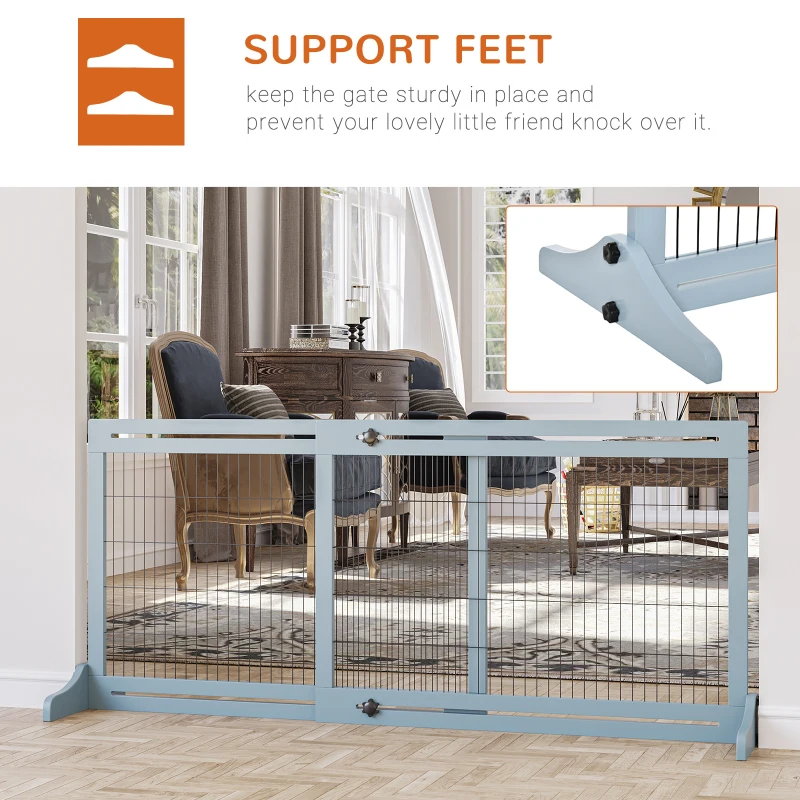PawHut 71" W x 27.25" H Extra Wide Freestanding Pet Gate with Adjustable Length Dog, Cat, Barrier for House, Doorway, Hallway, Blue-Gray