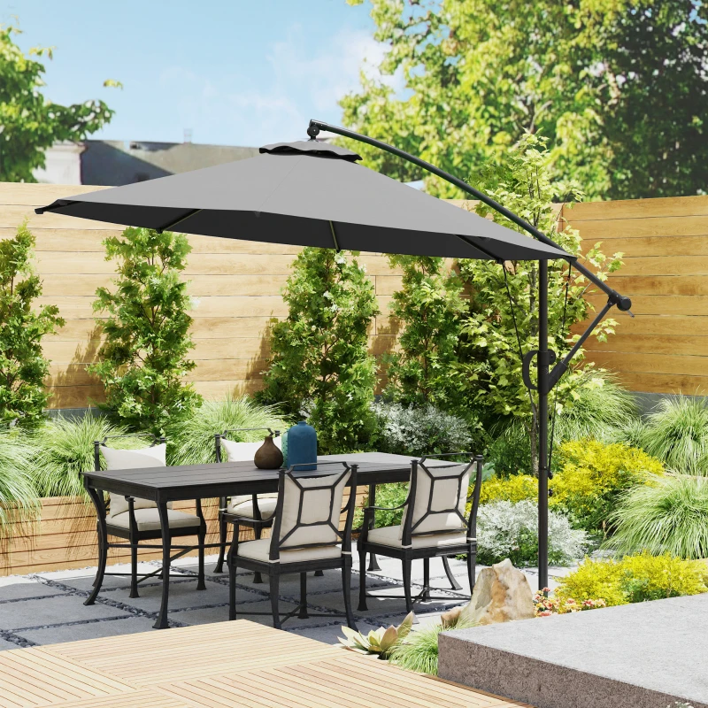 Outsunny 118.1" Patio Offset Umbrella with Cover and Wind Protection Strap,with Crank Handle and Tilt, UPF50+, Grey