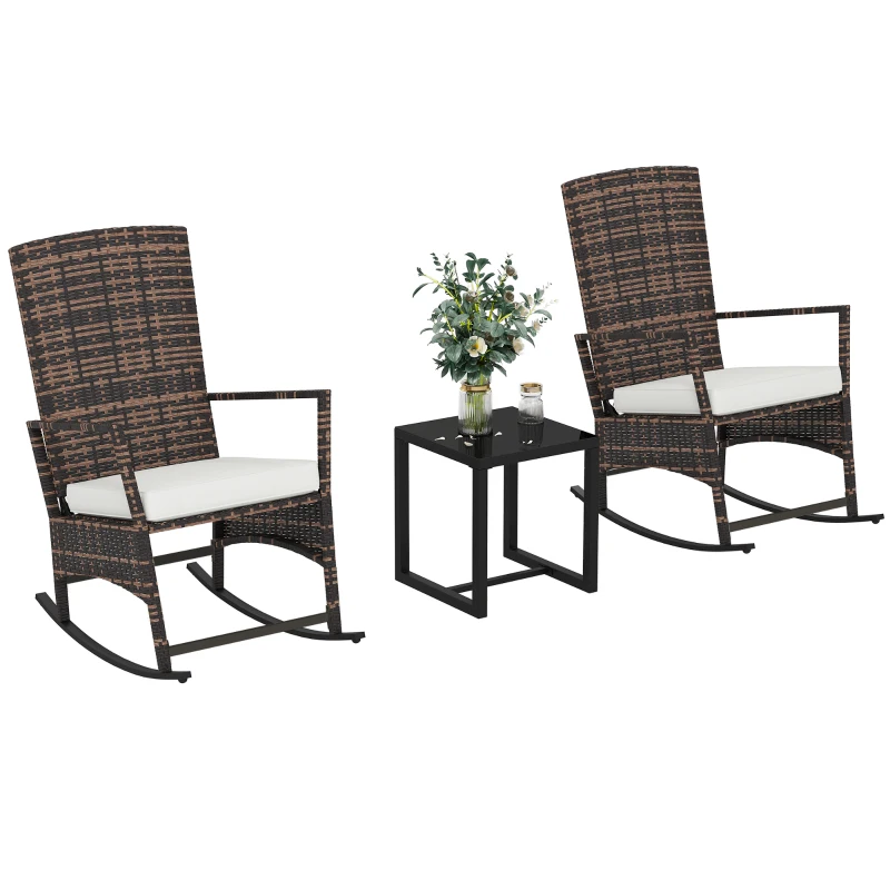 Outsunny 3 Piece Rocking Bistro Set, Wicker Patio Furniture with 3-Level Reclining High Back Rocking Chair and Glass Table, White