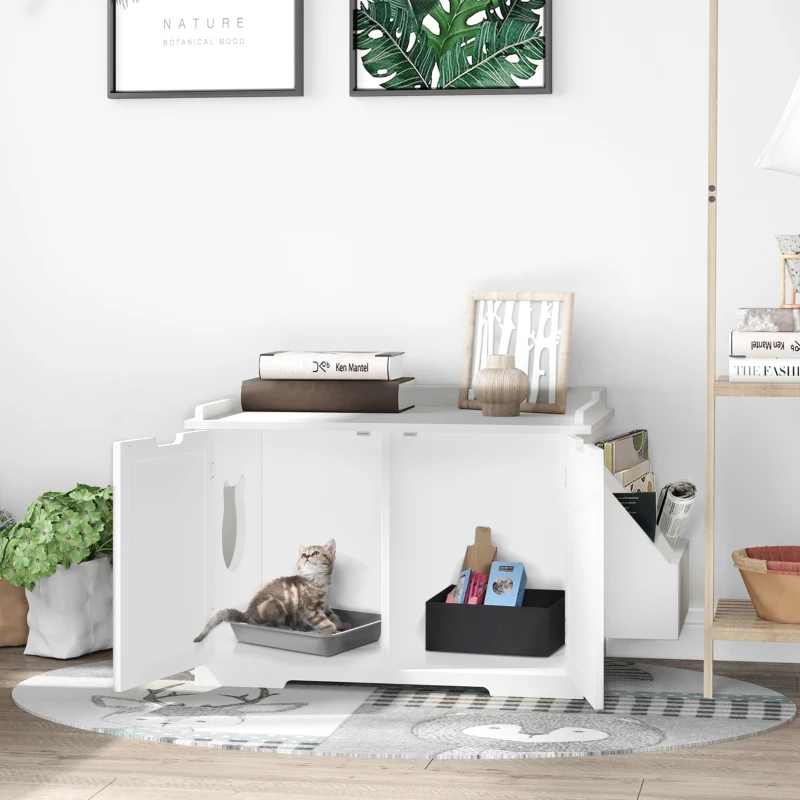 PawHut Wooden Cat Litter Box Enclosure, Hidden Cat Washroom, Kitten House with Nightstand End Table and Storage Rack Magnetic Doors, White