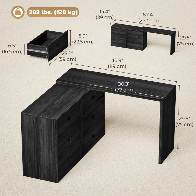 HOMCOM L Shaped Computer Desk Home Office Desk with 6 Drawers Black Wood Grain