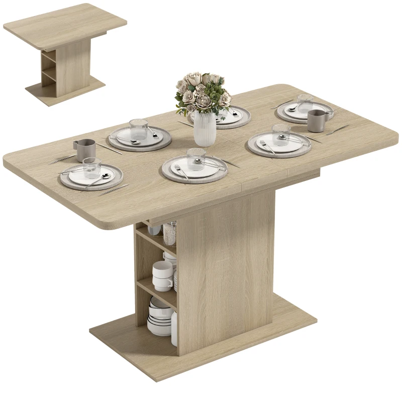 HOMCOM Extendable Dining Table for 4-6 People, 43.3"-51.2" Kitchen Table with 6 Open Shelves, Natural Wood