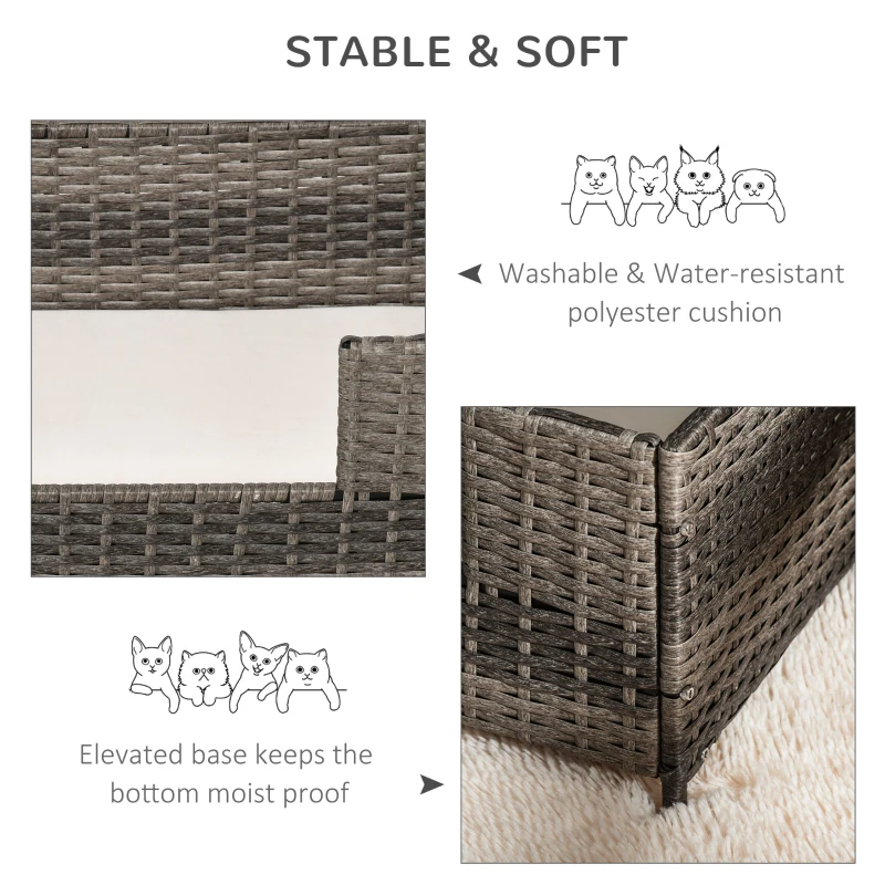 PawHut Rattan Pet Bed Raised Wicker Dog Sofa for Doggy and Cat Indoor & Outdoor with Soft Washable Cushion Grey