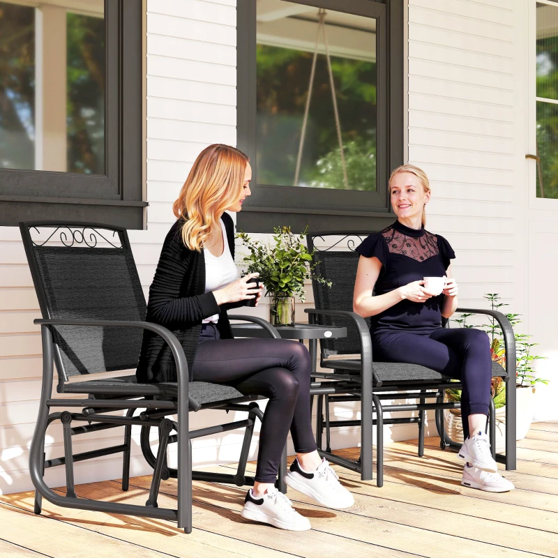 Outsunny Outdoor Glider Bench with Coffee Table, Patio 2-Seat Rocking Chair Swing Loveseat with Breathable Sling for Backyard Garden Porch, Black