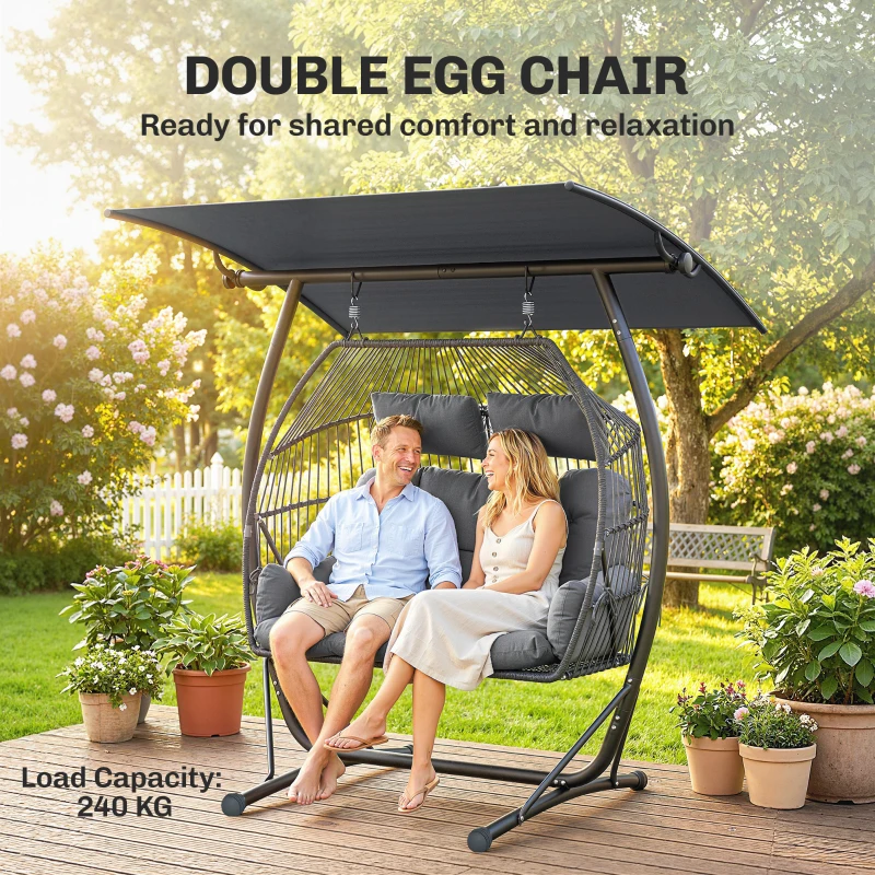 Outsunny Hanging Double Egg Chair Outdoor Egg Swing Chair with Canopy, Cushion, Stand, Dark Grey