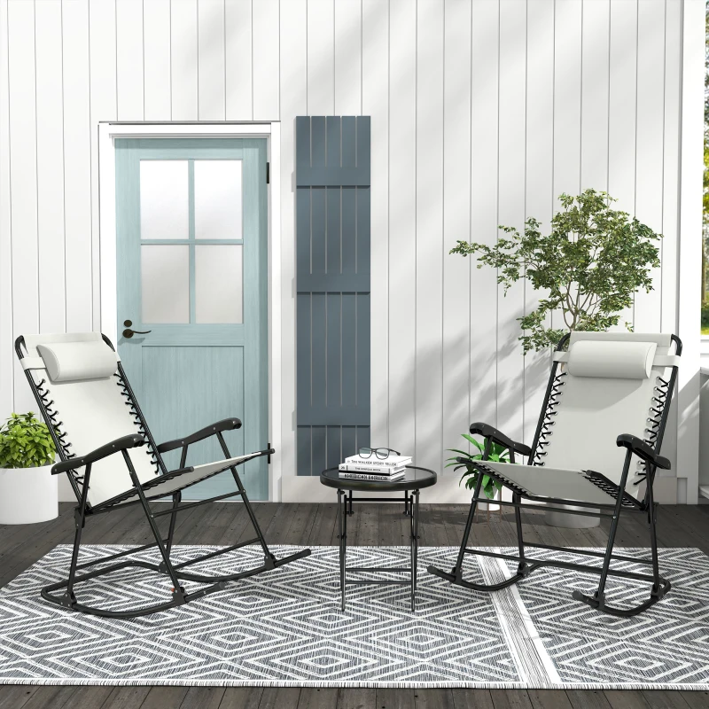 Outsunny 2pc Patio Foldable Rocking Chair Set w/ Breathable Mesh Seat & Backrest, Headrest for Park, Backyard, Garden, Cream