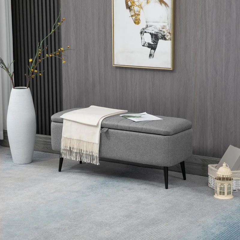 HOMCOM 40" Ottoman with Storage, Linen Upholstered Storage Ottoman Bench with Steel Legs for Living Room, Bedroom Grey