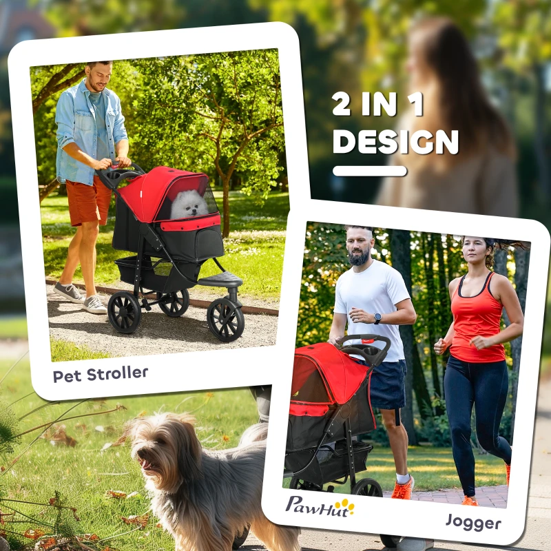 PawHut 3 Wheel Folding Dog Stroller, Travel Carrier with Adjustable Canopy, Storage Brake, Mesh Window for S&M Dogs, Red