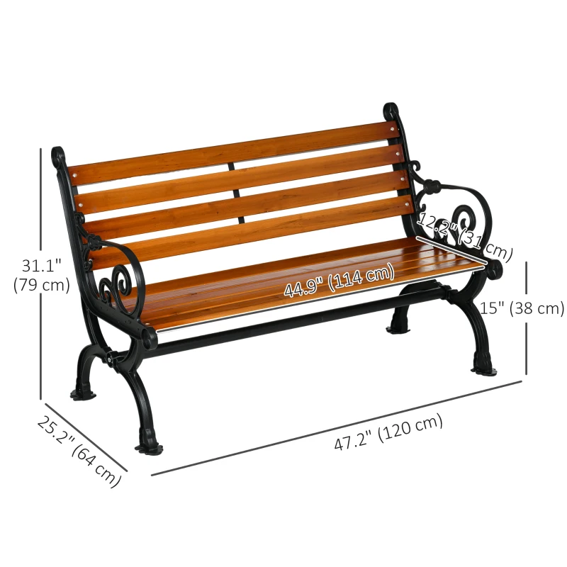 Outsunny 47 Inch Outdoor Garden Bench, Patio Loveseat with Unique Armrests, Slatted Seat Back, 528 lbs. Capacity, Teak Colour