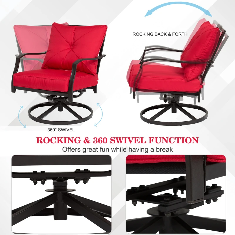 Outsunny 3pcs Outdoor 360° Swivel Metal Rocking Chair with Toughened Glass Coffee Table Set Garden Rocker & Tea Table Set w/ Cushion Red