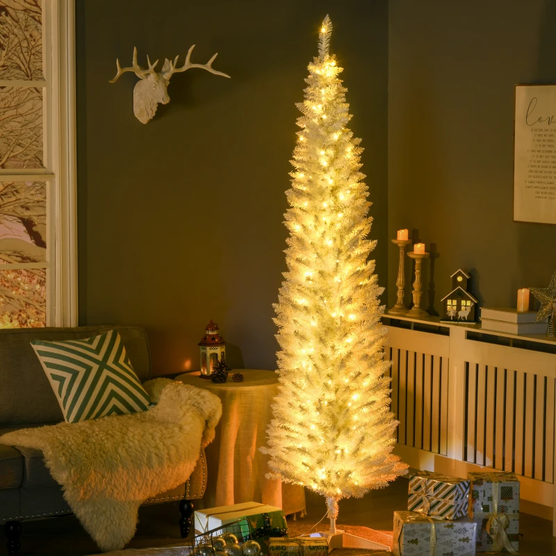 HOMCOM 7ft Pencil Christmas Tree, Slim Artificial Christmas Tree with Realistic Branches and Warm White LED Lights, White