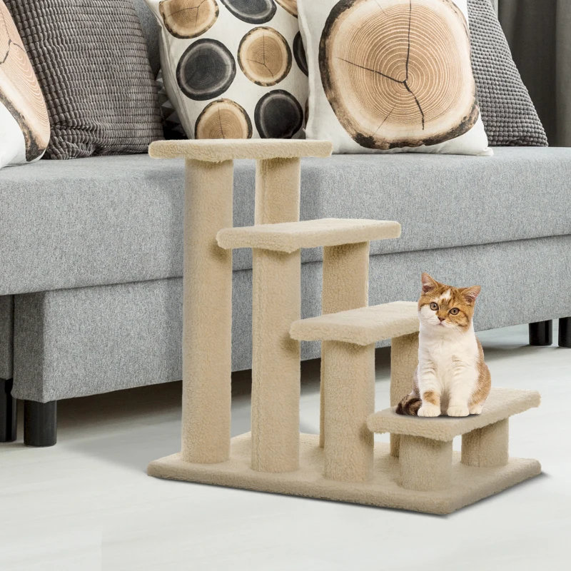 PawHut 25" 4-Step Multi-Level Carpeted Cat Scratching Post Pet Stairs, Cream White
