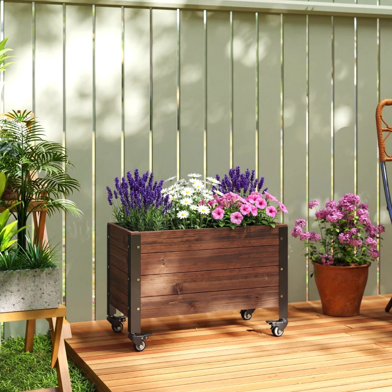Outsunny Raised Garden Bed with Wheels & Drainage Holes, Outdoor Planter Box with Liner for Patio Balcony