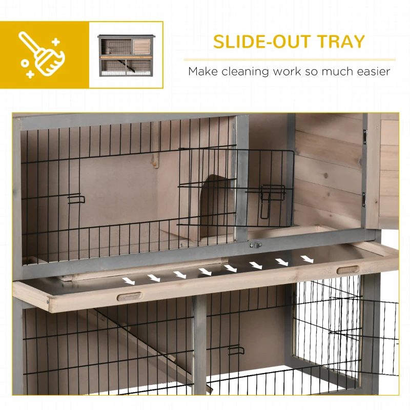 PawHut 2-tier Wood Rabbit Hutch Backyard Bunny Cage Habitat Small Animal House w/ Ramp, Slide Out Tray and Outdoor Run, Light Grey