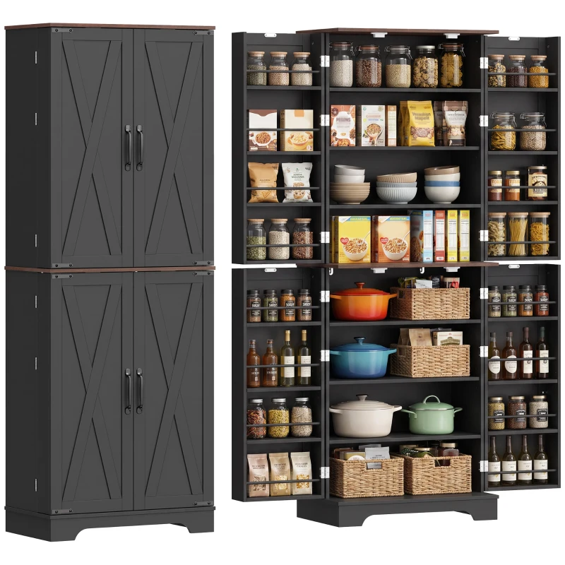 HOMCOM 166 cm Kitchen Pantry Cabinet Adjustable Shelves Tall Storage Cabinet Door Shelves 8 Shelves Brown Black