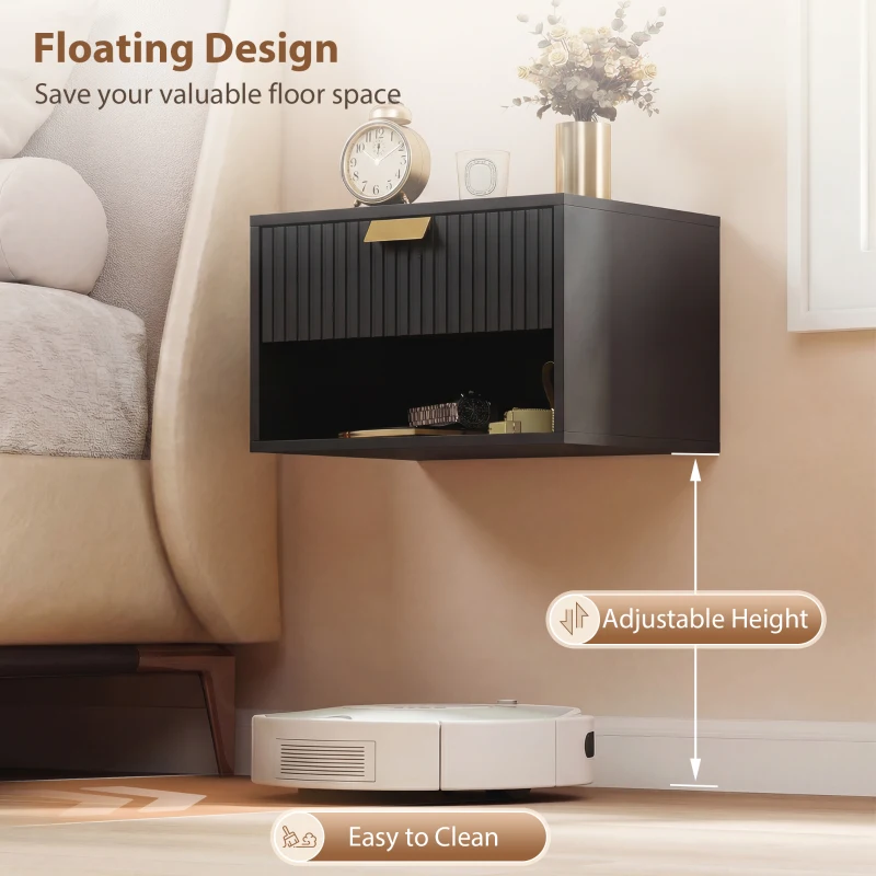 HOMCOM Set of 2 Wall Mounted Bedside Tables, Floating Nightstands with Fluted Drawer and Open Shelf for Bedroom, Black