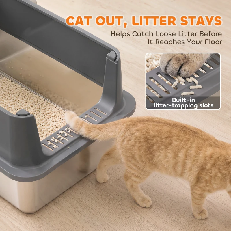 PawHut 2 Pack XL Stainless Steel Litter Box with Scoops, High Sided, for Big and Multiple Cats, Anti-Urine Leakage