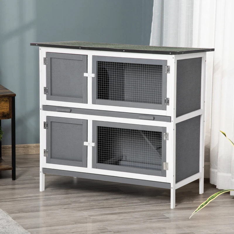 PawHut Wooden Bunny Rabbit Hutch, Small Animal Habitat with Ramp, Removable Tray & Weatherproof Roof, Indoor/Outdoor, Grey