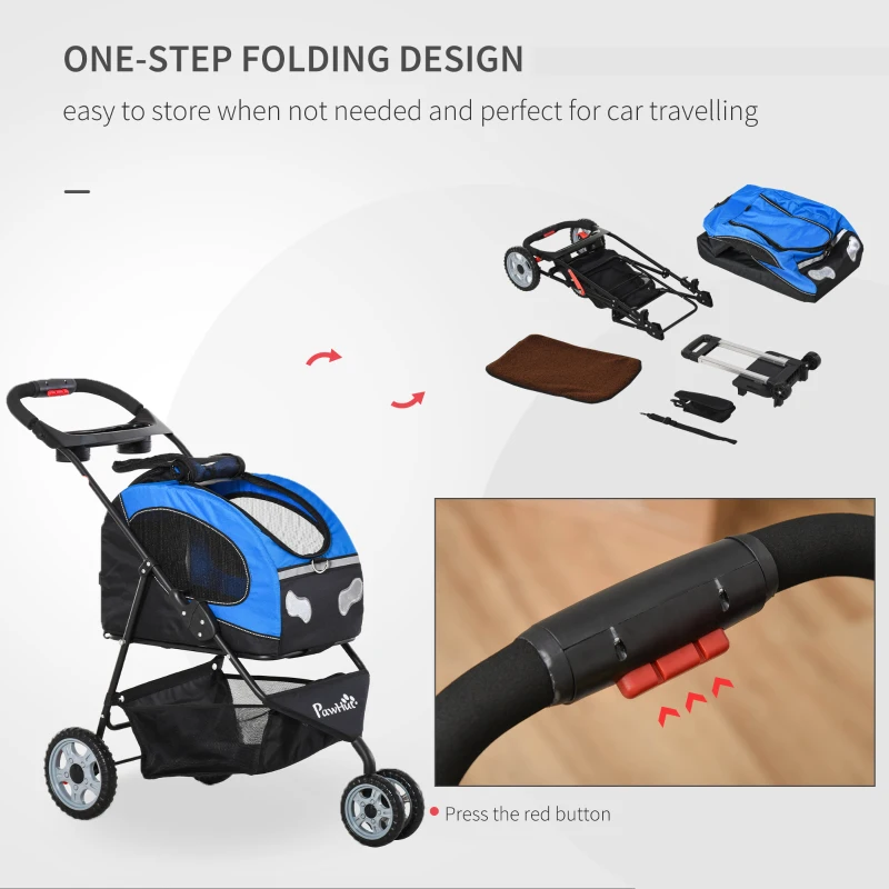 PawHut Foldable Pet Stroller, 5-In-1 Dog Cat Travel Carriage, Carrying Shoulder, Bag Backpack, Stroller, Luggage with Universal Wheel, Canopy, Basket, Cup Holder, Blue